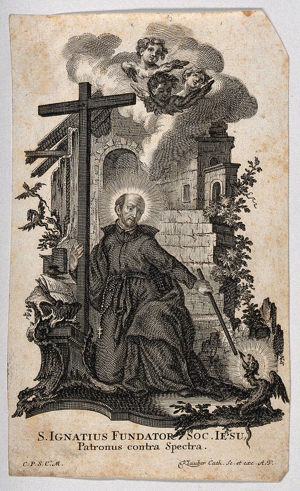 Saint Ignatius of Loyola as protector against evil spirits. Engraving by J. and J. Klauber.