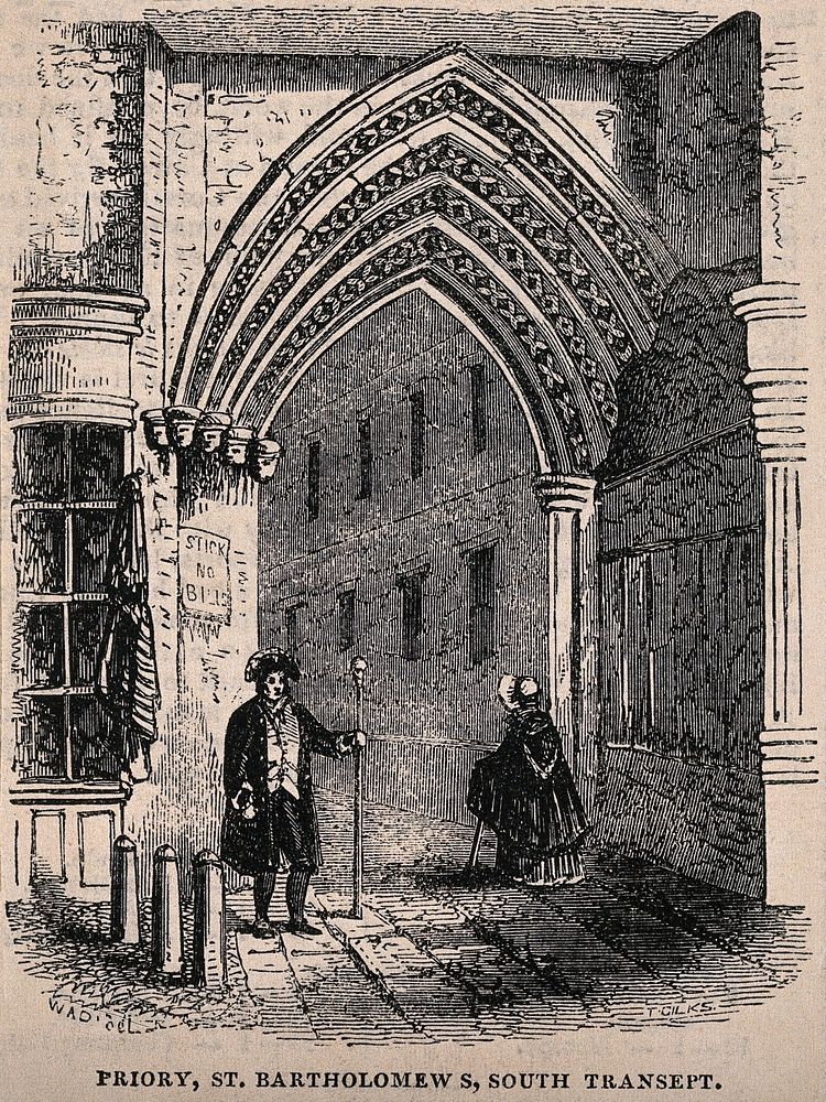 St Bartholomew's Priory, London: the entrance, with a man standing, holding a staff, and a woman walking through the…