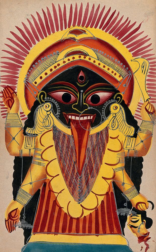 Kali holding a demon's head. Watercolour.