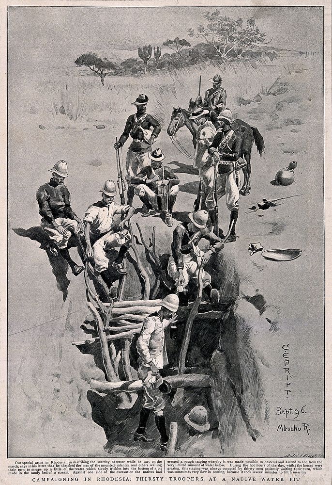 Second Matabele War, Zimbabwe: British soldiers climbing down to fetch water from the bottom of a pit. Halftone by André &…