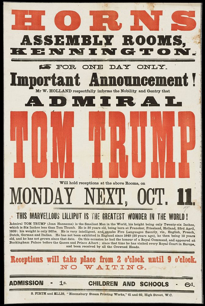 Horns Assembly Rooms, Kennington : for one day only... Admiral Tom Trump will hold receptions at the above rooms on Monday…
