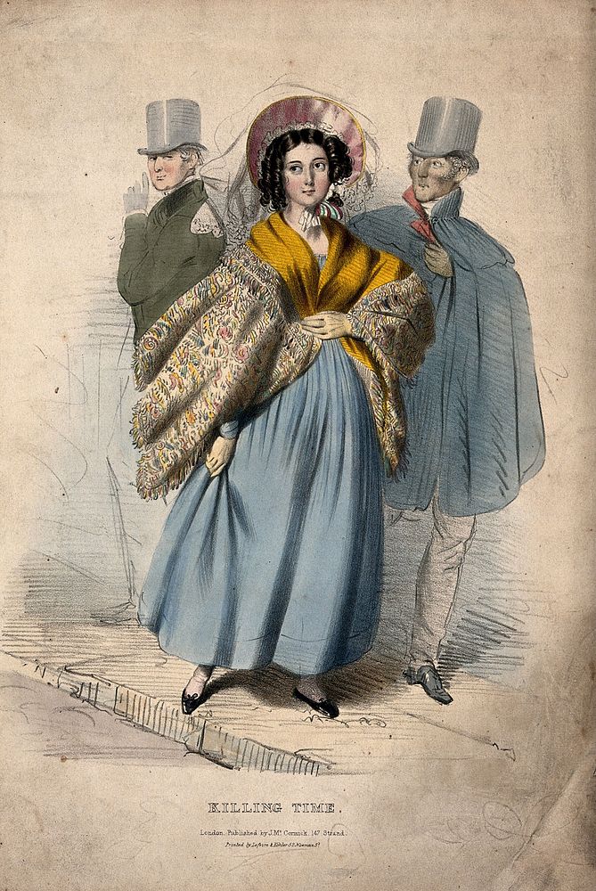 A young woman walks down the street and is being watched by two men. Coloured lithograph.