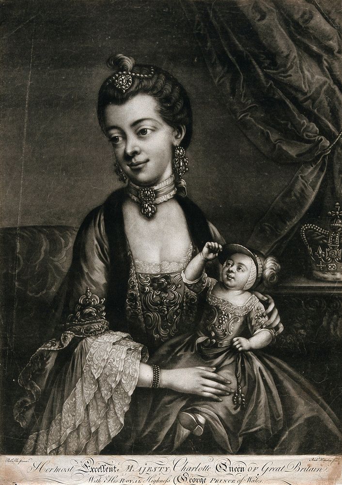Queen Charlotte, and George Prince of Wales as an infant seated on her lap. Mezzotint by R. Houston after R. Pile (Pyle) …
