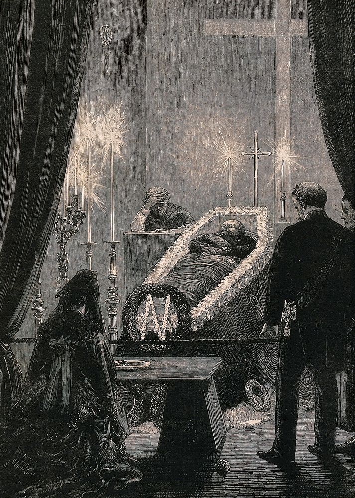 The Emperor Napoleon III lying in state sourrounded by mourners. Wood engraving.