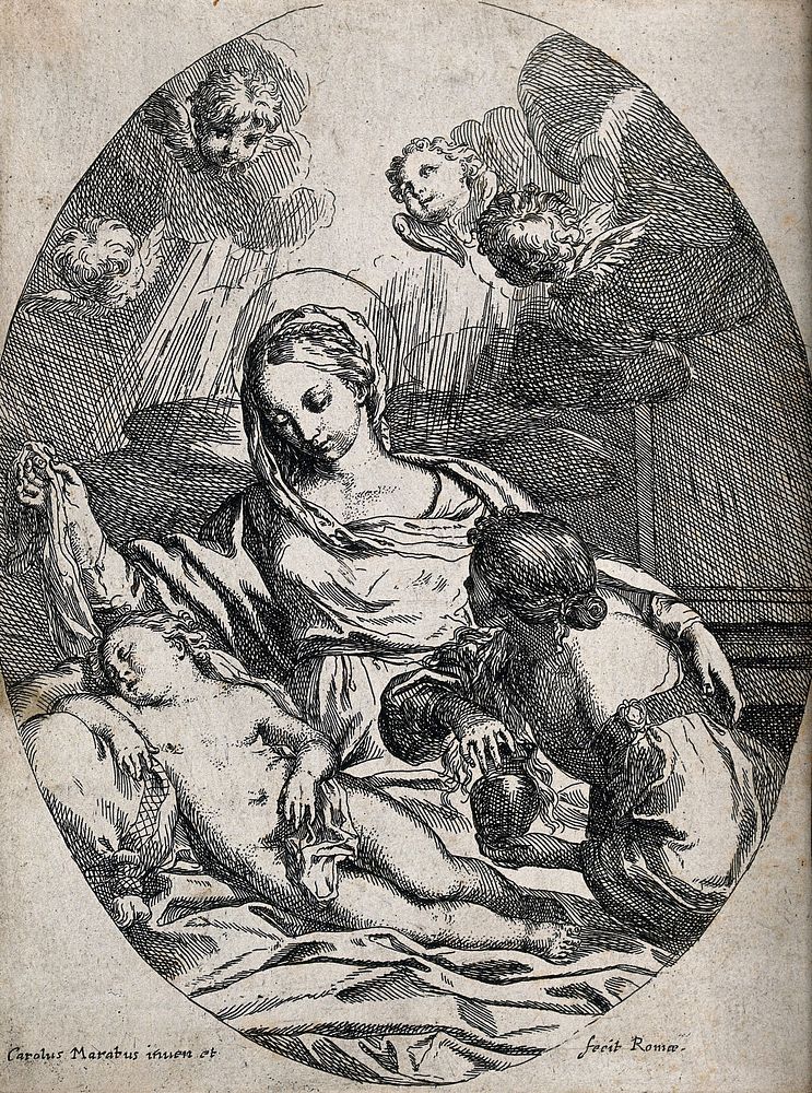Saint Mary (the Blessed Virgin) with the Christ Child, Saint Mary Magdalen and angels. Etching by C. Maratta.
