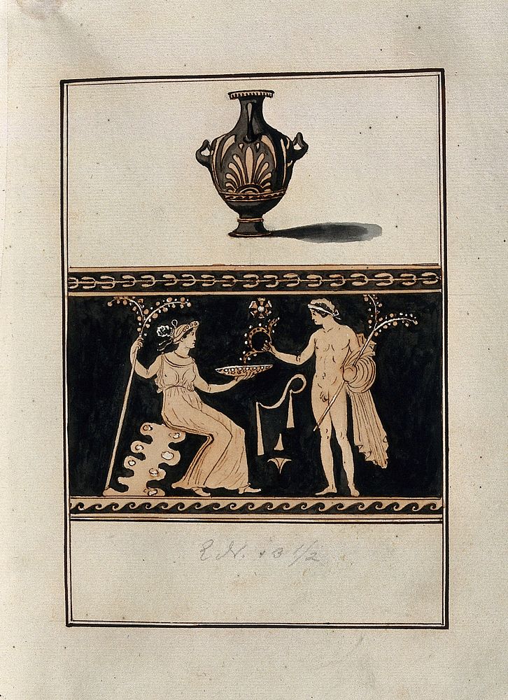 Above, red-figured Greek water jar (hydria) decorated with a palm motif; below, detail of the decoration showing a naked man…