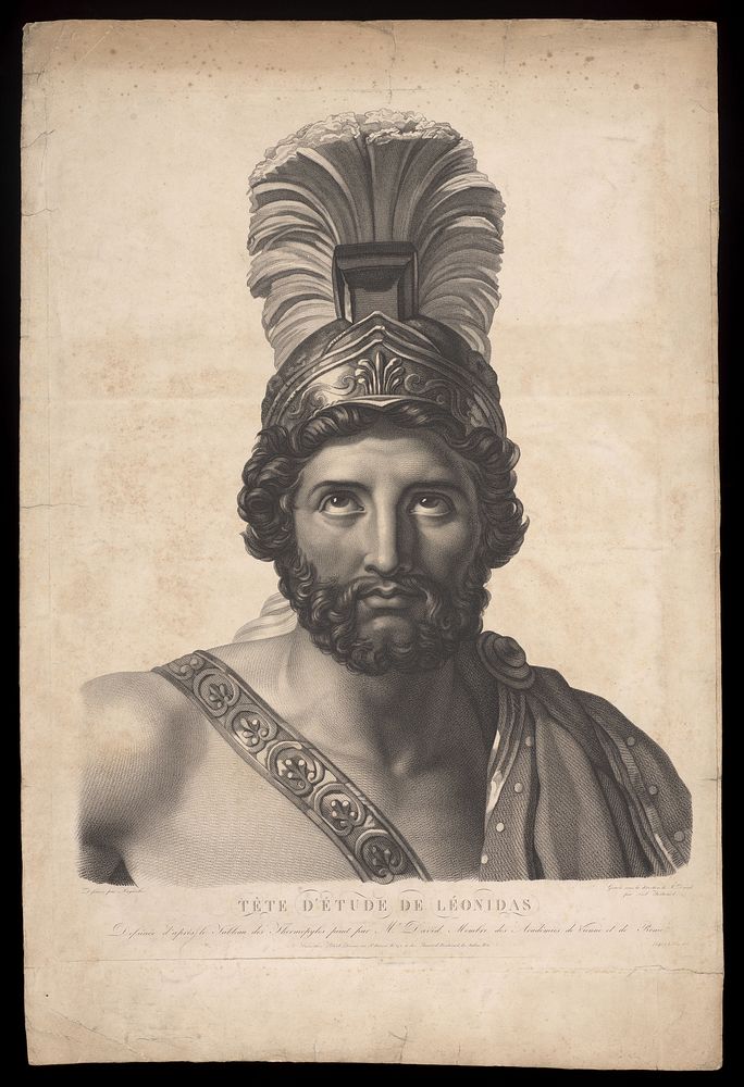 Leonidas at Thermopylae. Crayon manner print by N. Bertrand, 1821, after Laguiche after J.L. David.