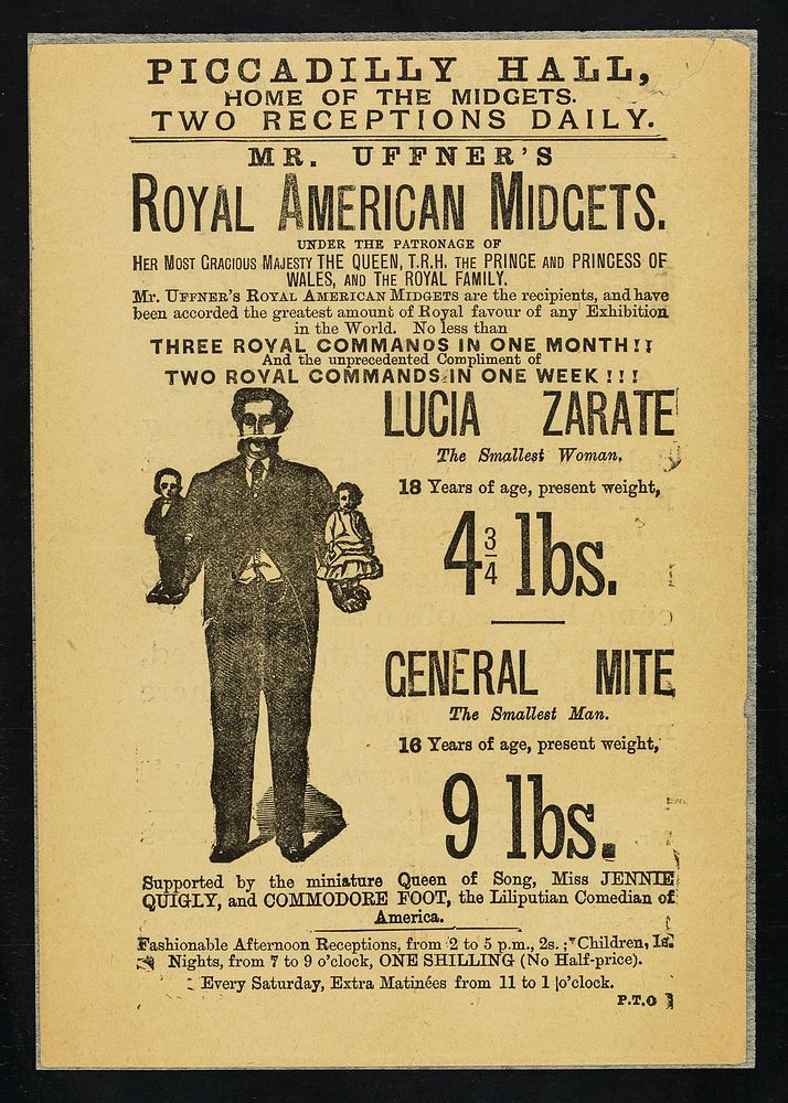 [Leaflet advertising appearances by Frank Uffner's American Midgets: Lucia Zarate and General Mite at the Piccadilly Hall…