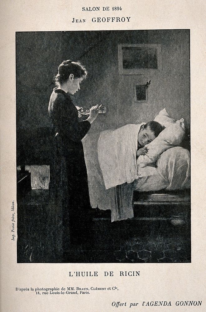 A sick child in bed has his castor oil medicine poured for him, France. Process print after J. Geoffroy, 1894.