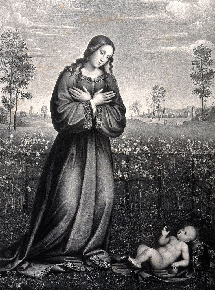 Saint Mary (the Blessed Virgin) with the Christ Child. Lithograph by F. Piloty after F. Raibolini, il Francia.