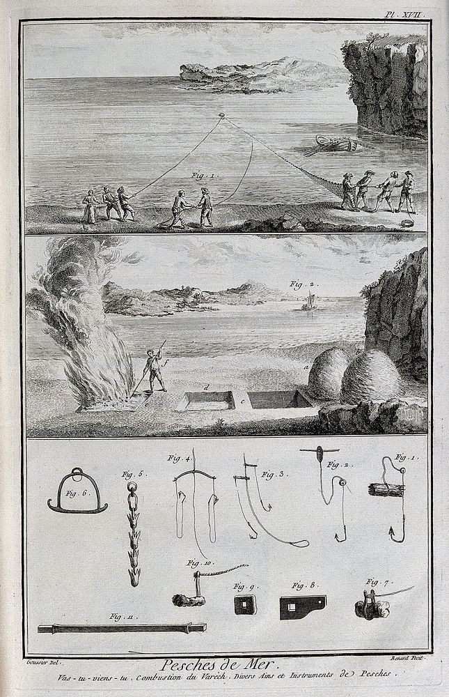 Fishermen with a drag-net, burning kelp on the beach, and hooks and other equipment. Engraving, c.1762, by Benard after L.J.…