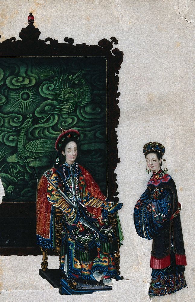 A Chinese lady with attendant. Painting by a Chinese artist, ca. 1850.