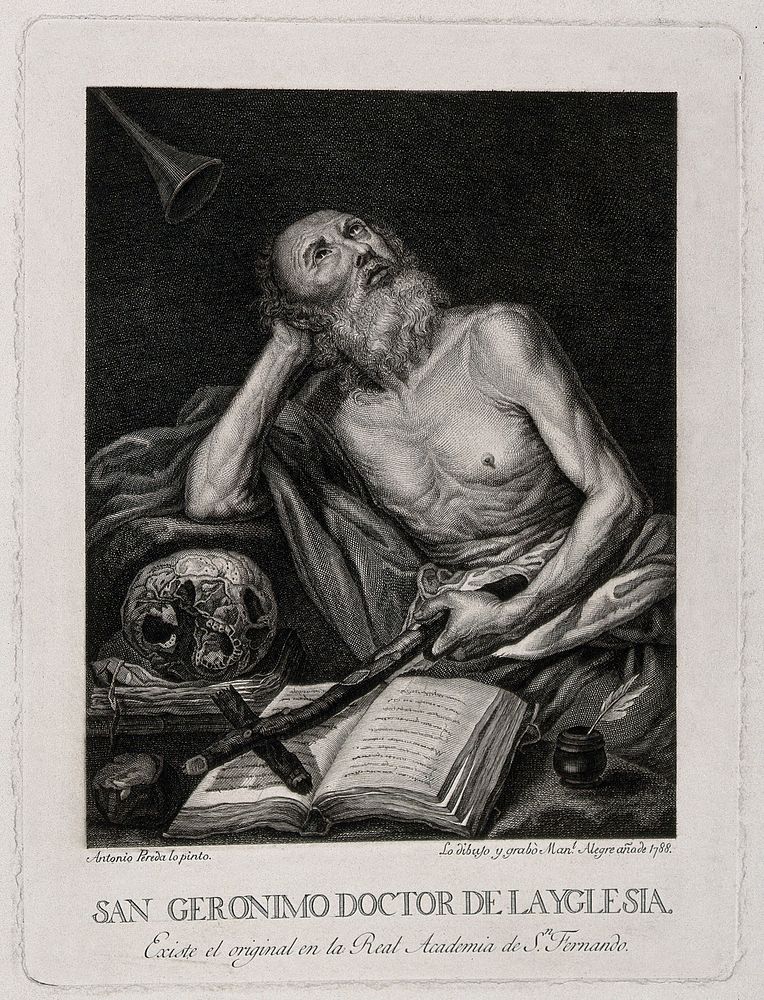 Saint Jerome. Line engraving, by M. Alegre, 1788, after A. Pereda.