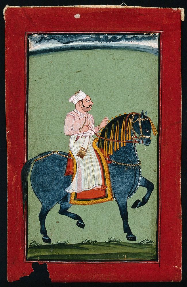 A Rajput nobleman riding a horse. Gouache painting by an Indian painter.