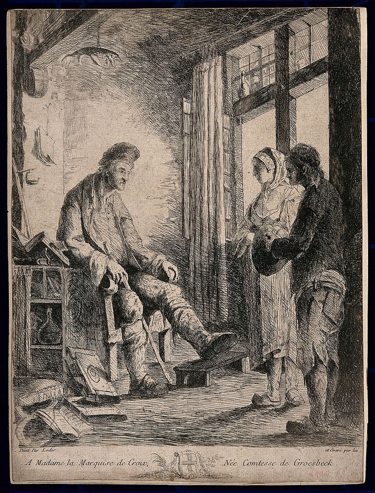 Two people come into a pharmacy to ask for advice, the apothecary sits resting his gouty leg. Etching by N. Loder after…