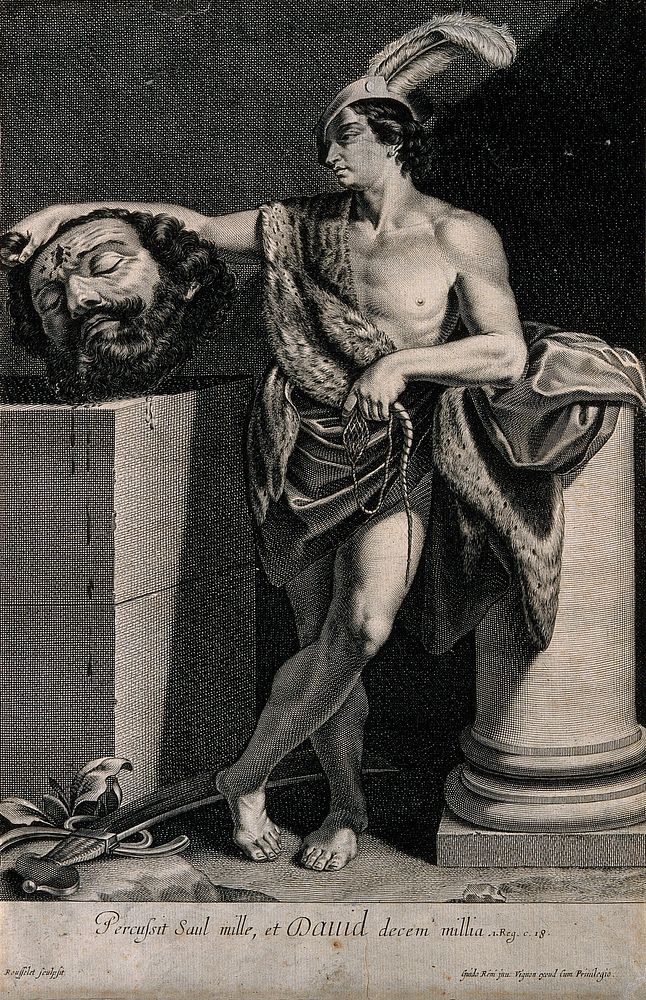 David with the head of Goliath. Line engraving by G. Rousselet after G. Reni.