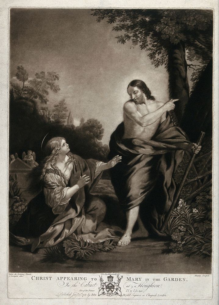 Saint Mary Magdalene reaches out for the risen Christ; he points away. Mezzotint by J. Murphy after G. Farington, 1781…