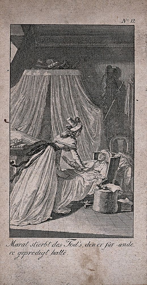 The assassination of Jean Paul Marat: Charlotte Corday is about to stab Marat in the bath. Etching after J.D. Schubert.