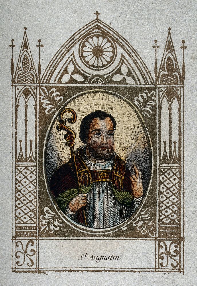 Saint Augustine of Hippo. Coloured engraving , 18--.