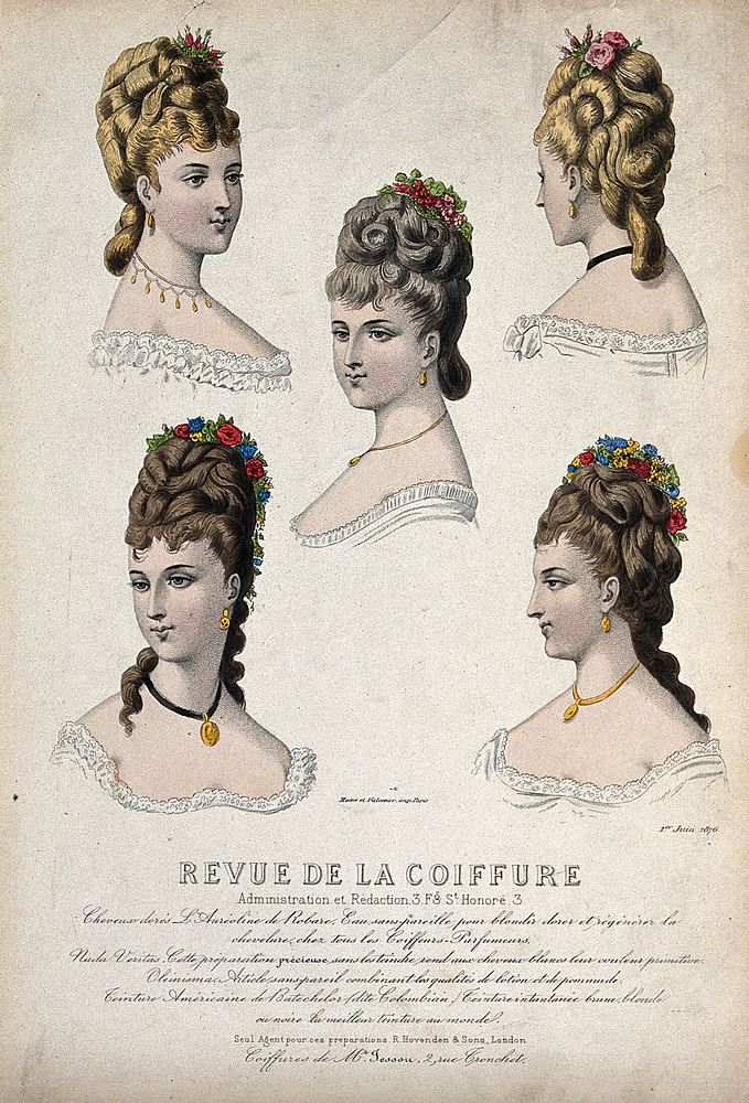 The heads and shoulders of five women with their hair combed back and dressed with high chignons and flowers. Coloured line…