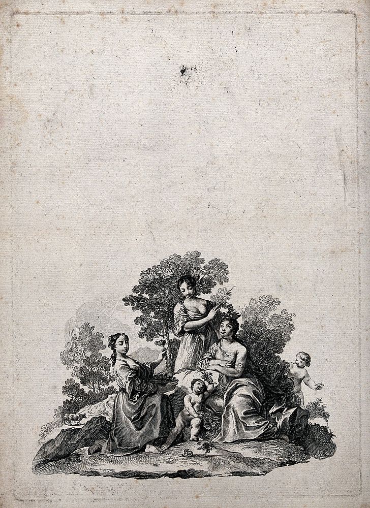 Three young women in a landscape, with two small boys. Etching.