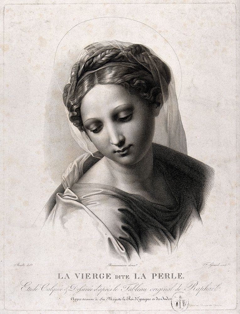 Saint Mary (the Blessed Virgin). Stipple engraving by A.F. Girard after J.M.N. Bralle after Raphael.