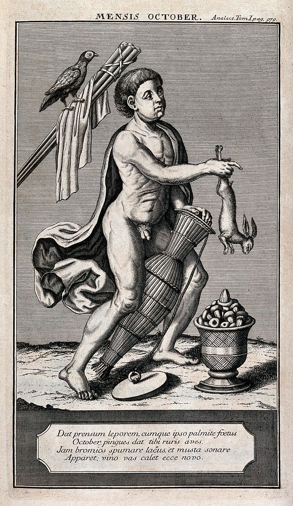 A semi-naked man holding a hare in his outstretched right arm, and a vessel between his legs, is surrounded by a bird and a…