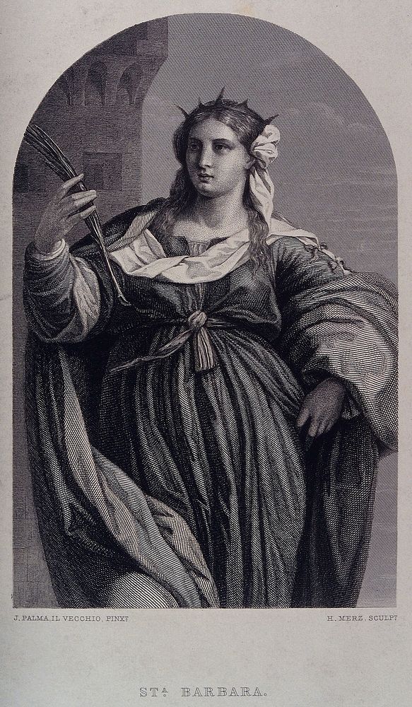 Saint Barbara. Steel engraving by K. H. Merz after J. Palma.