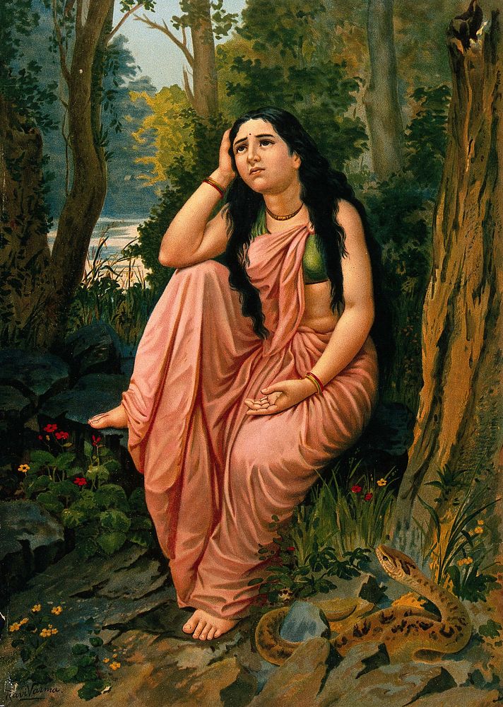 Damayanti deserted in the forest: part of the story of Damayanti and Nala. Chromolithograph by R. Varma.