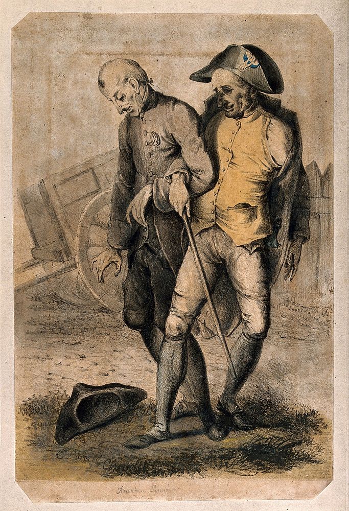 Two drunken war veterans staggering along arm-in-arm. Coloured lithograph by E. Purcell.