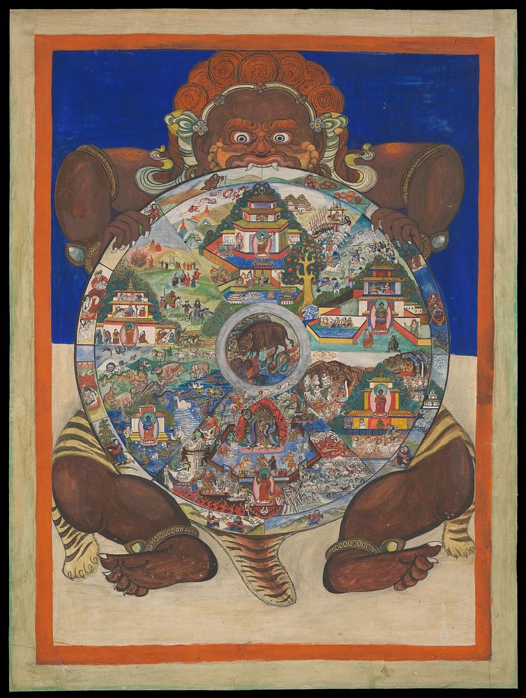 Yama holding the Bhavacakra or Wheel of life. Gouache.