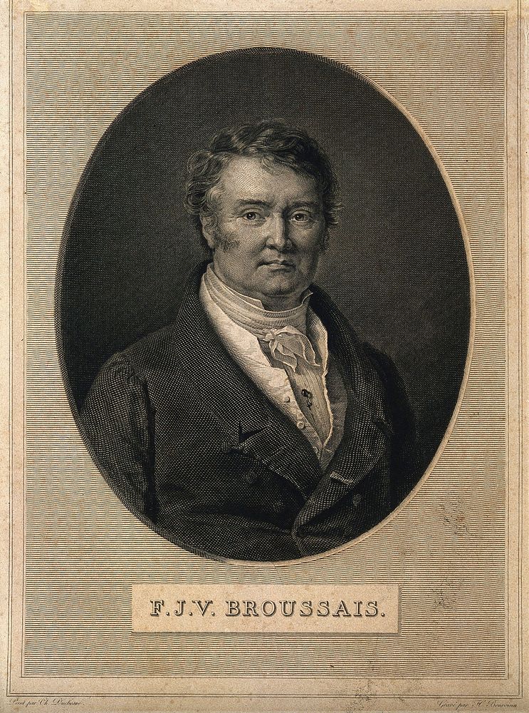 François Joseph Victor Broussais. Line engraving by H. Bonvoisin after C. Duchesne.
