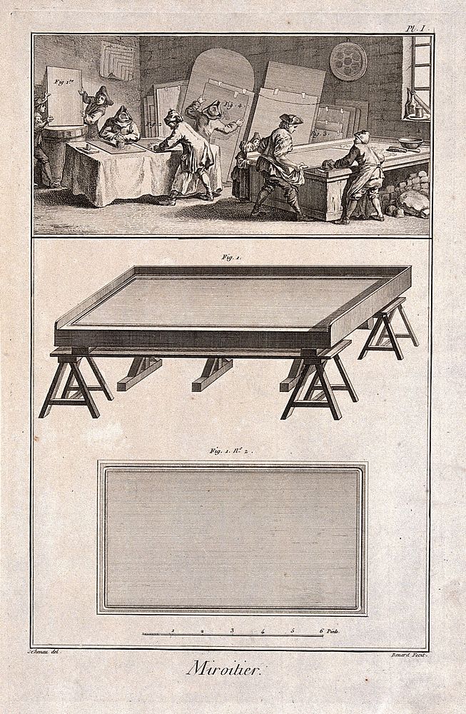 Mirrors: a mirror-factory (above), and a work table for silvering glass (below). Engraving by Benard after Schenau.