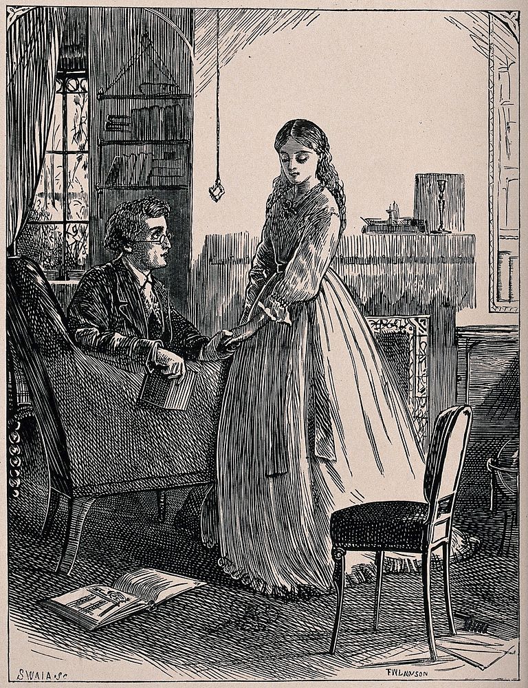 A young man sitting in a chair is holding the hand of a girl and looking up at her. Wood engraving by Swain after F.W.…