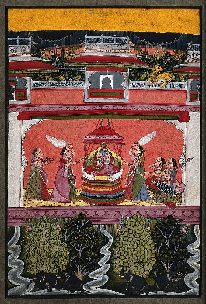 Krishna  sitting on a swing with two women, as two maidservants fan them while others get refreshments and play music to…