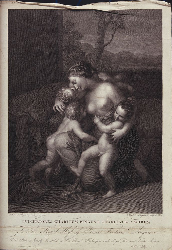 A woman breast feeding one child and holding two others; representing charity. Engraving by R. Morghen, 1795, after A.…