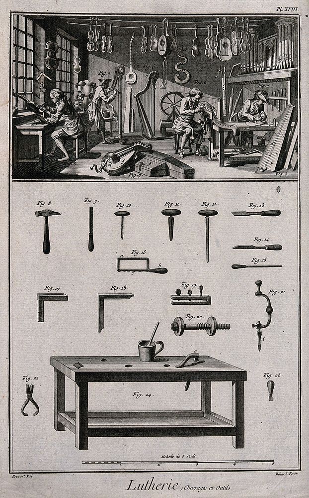 Men in a workshop making musical instruments, some of which are suspended from the ceiling; tools are around a bench.…