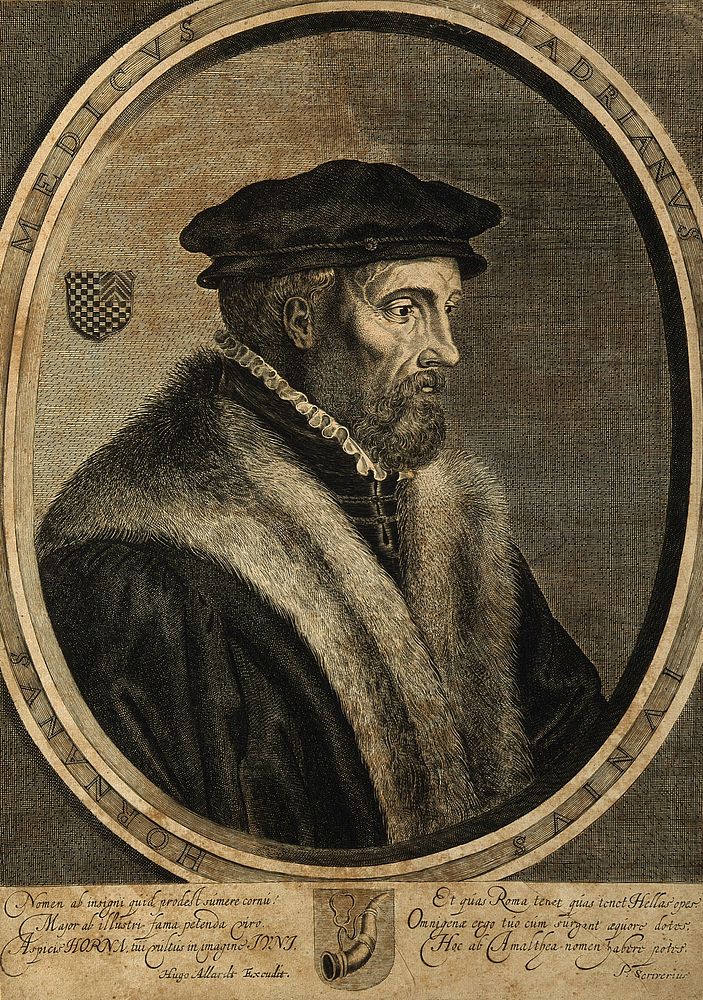 Adrianus Junius [Adriaen de Jonghe]. Line engraving by C. de Visscher.