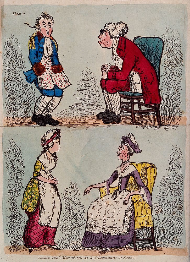 A father reprimanding his son, and a mother reprimanding her daughter. Coloured etching, 1801.