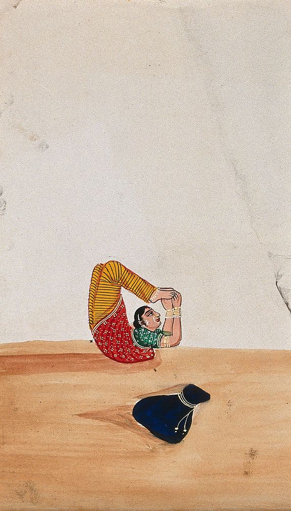 A woman acrobat with her belongings. Watercolour by an Indian artist.