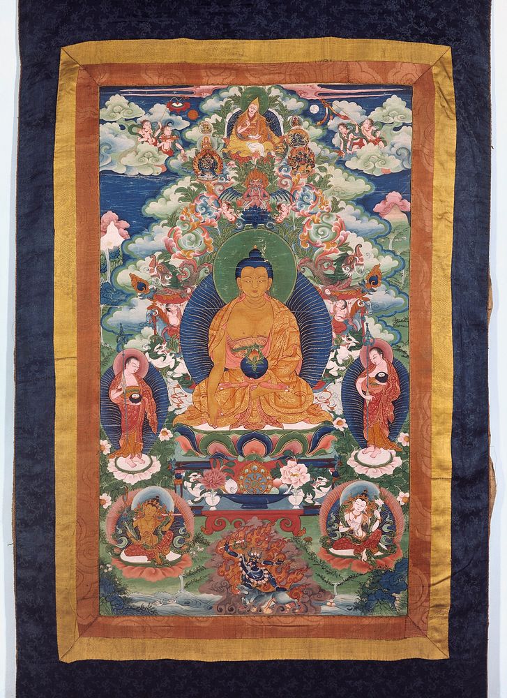 The medicine Buddha (Bhaiṣajyaguru) and Tsongkhapa (1357-1419). Distemper painting by a Tibetan painter.