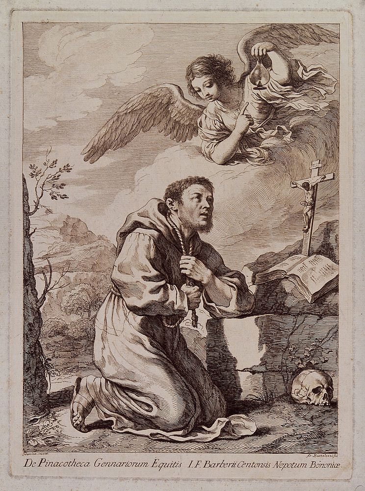 Saint Francis kneeling in front of a crucifix; an angel in the sky. Etching by F. Bartolozzi, 1764, after G.F. Barbieri, il…