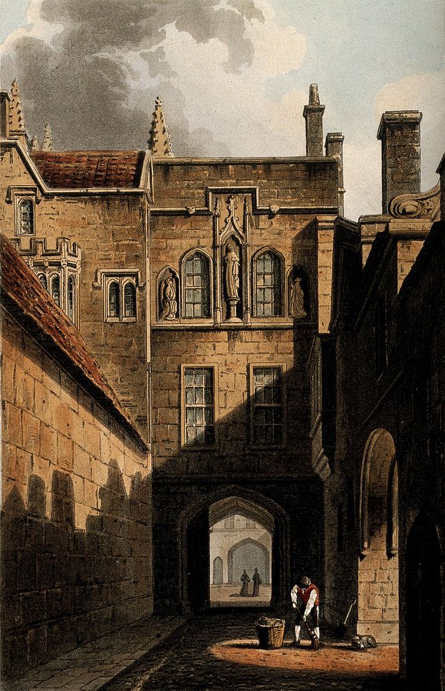 New College, Oxford: entrance gate. Coloured aquatint by J. Hill, 1814, after A.C. Pugin.