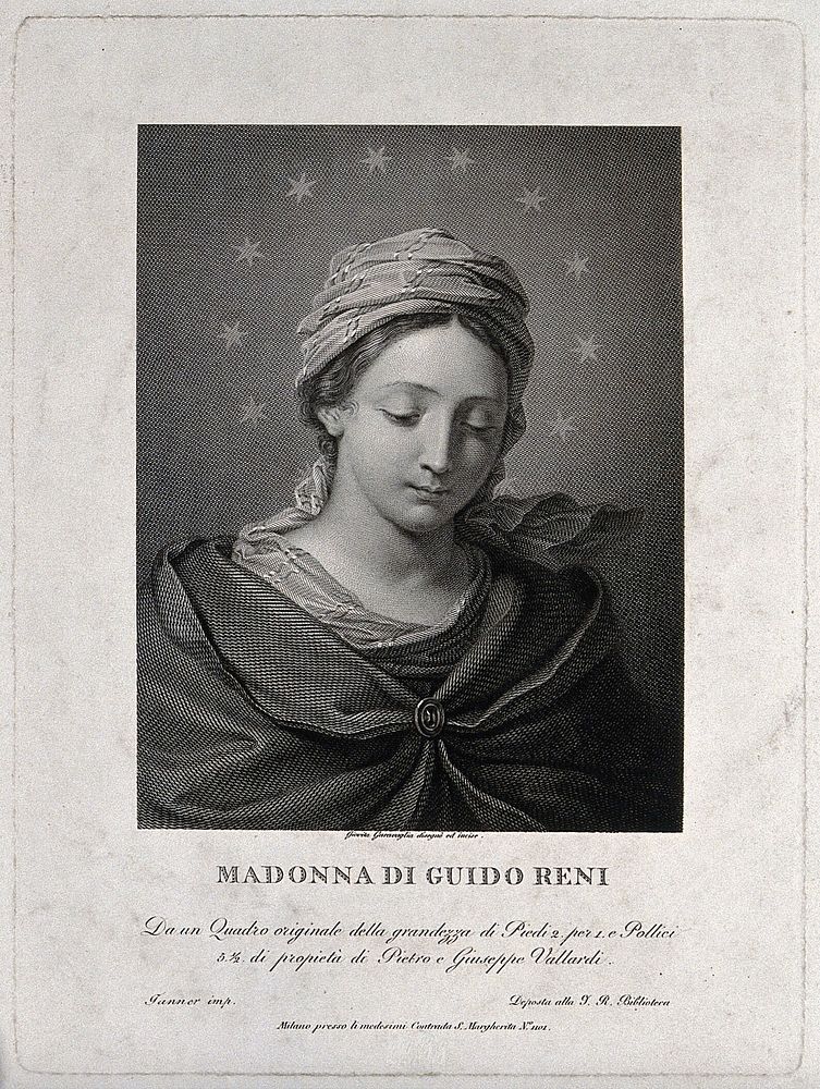Saint Mary (the Blessed Virgin). Line engraving by G. Garavaglia after G. Reni.