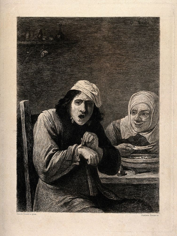 A young man removing a bandage from his hand, while an old woman offers him another; representing the sense of touch.…