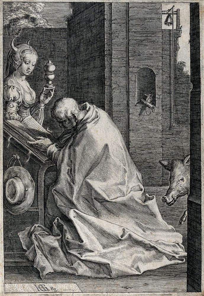 The temptation of Saint Antony Abbot. Engraving by or after H. Goltzius.