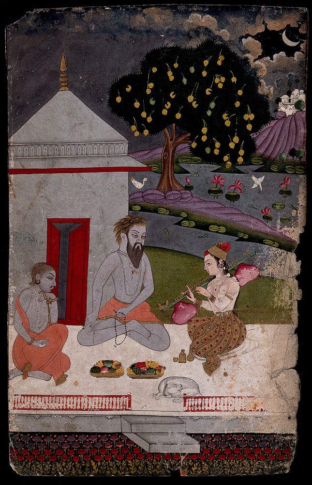 Two Hindu ascetics or holy men, seated on a verandah by moonlight, listen to music played on a vina. Gouache painting.