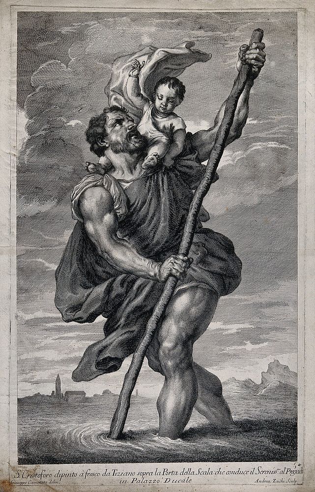 Saint Christopher. Etching by A. Zucchi after G. Camerata after Titian.