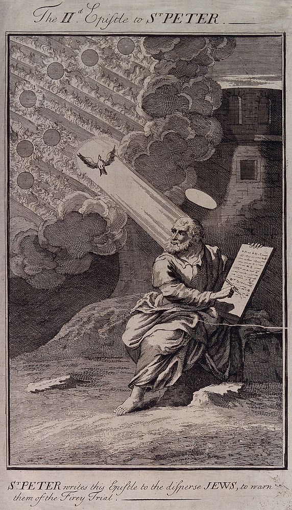 Saint Peter writing his second epistle on a tablet. Etching.