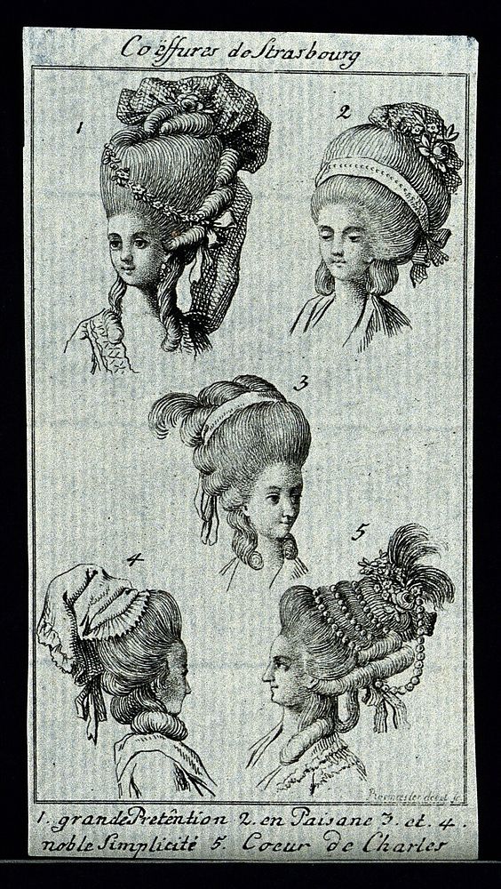 The heads and shoulders of five women who wear elaborate wigs, head-dresses, hats and hoods. Etching by Rosmaesler .